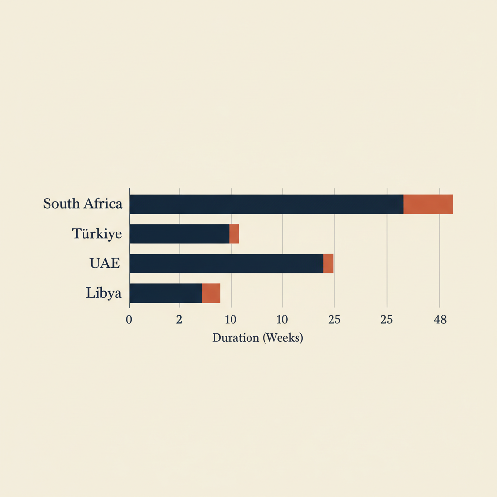 Horizontal bar chart comparing RFQ-to-award durations across South Africa, UAE, Libya and Türkiye for a typical mid-sized engineering procurement.