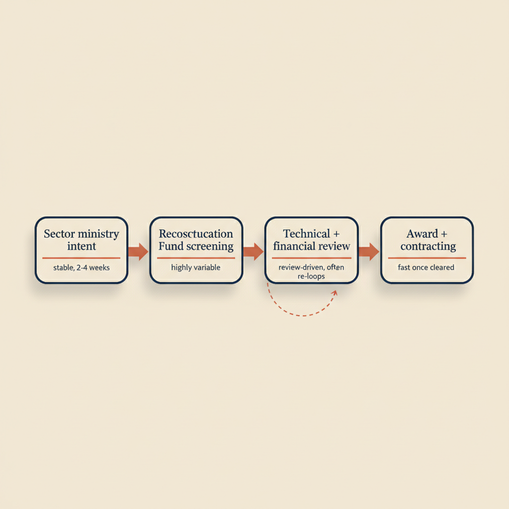 Four-stage flow diagram of the Libyan reconstruction procurement approvals path, from sector ministry intent through the Reconstruction Fund award.