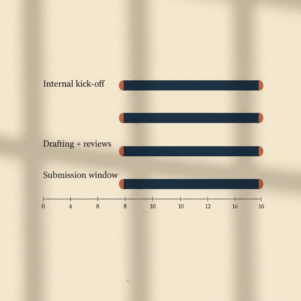 Gantt-style infographic showing the recommended proposal-preparation windows that fit inside each country’s RFQ-to-award timeline.
