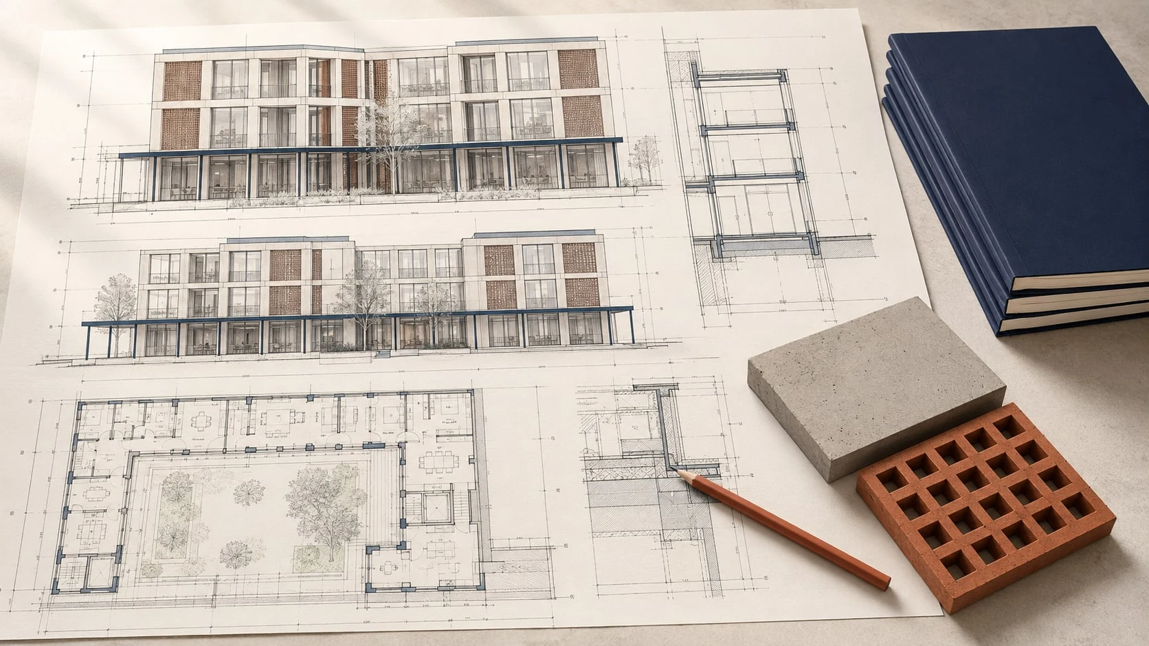 Illustrative architectural drawing issue set and material samples