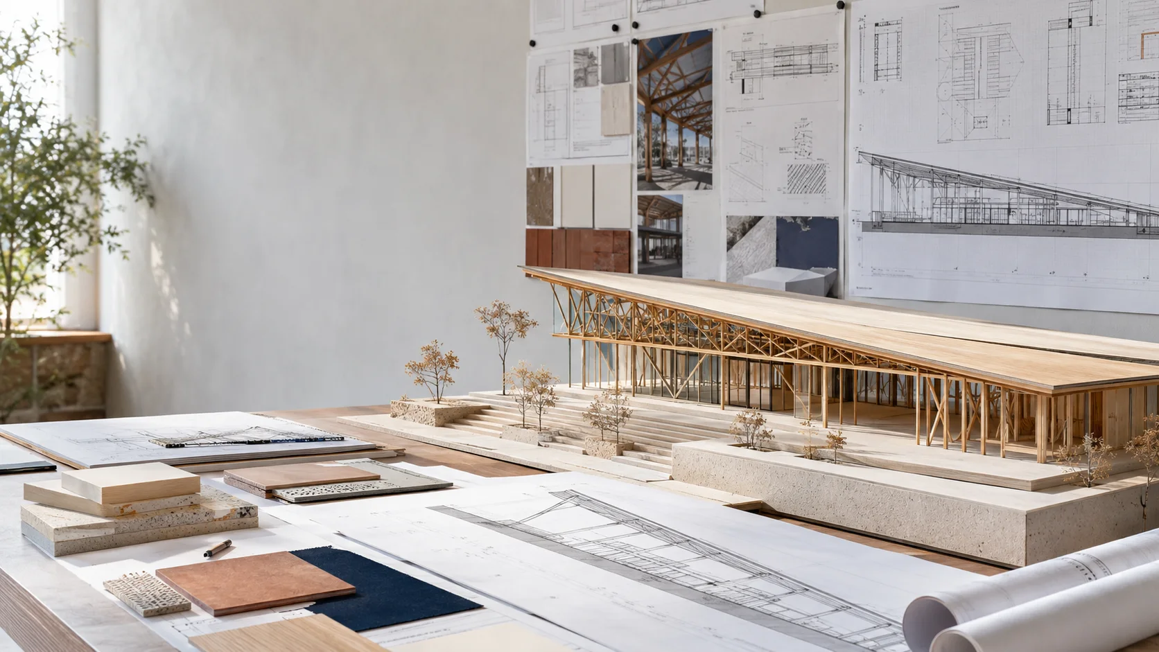 Illustrative multidisciplinary design studio with a pavilion model and coordinated drawings